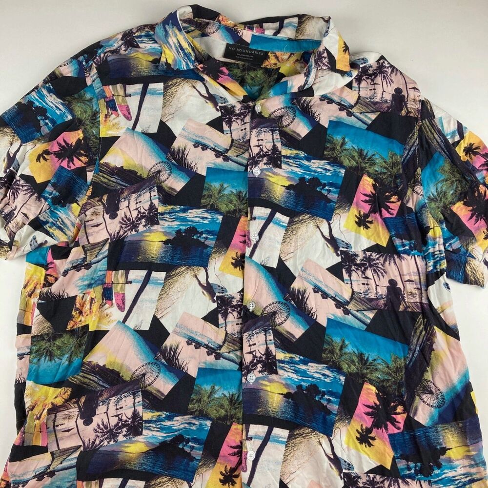 No Boundaries Mens 2XL Rayon Hawaiian Shirt Beach Photo Print